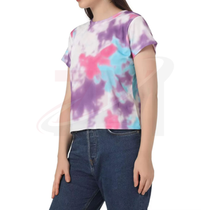 T-shirt court tie-dye pour femme, manches courtes, col rond, coupe classique, en coton tricoté, décontracté, printemps-été - Product Image 3
