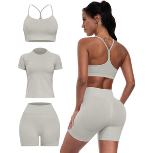 <b>Blue</b> 3 Piece Yoga Set Racerback Sports <b>Bra</b> Crop Top High Waist Shorts Seamless Activewear Solid Color Breathable Workout Wear - Product Image 5