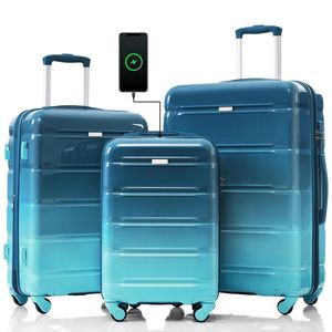 Juego de Maletas Azules de 20 Pulgadas, 3 Piezas, con Puerto USB, Certificación de Aerolínea, Carcasa Rígida de ABS+PC, Ruedas Giratorias - Product Image 1