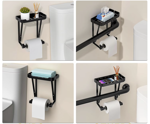 Support mural double en acier inoxydable noir mat OEM/ODM pour rouleaux de papier toilette avec étagère de rangement – Organisateur de salle de bain - Product Image 4