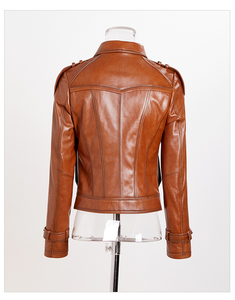 Wholesale Custom Women's Leather Trucker Jacket Brown Leather Jacket Factory Direct Low MOQ Export - Product Image 2