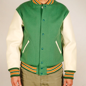 Blouson universitaire vert pour homme avec manches crème, fermeture éclair sur le devant, col rabattable, style Letterman, veste bomber de baseball, vêtement d'extérieur décontracté - Product Image 4