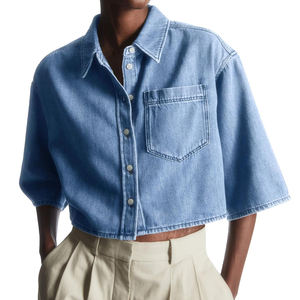 Chaqueta de Mezclilla de Algodón Cómoda para Mujer, Talla Grande, con Solapa Acolchada en el Pecho, Bolsillo con Parche, Logotipo Personalizado con OEM - Product Image 1