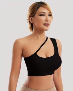 Women One Shoulder Sports Bra Asymmetric Diagonal Strap Ribbed Yoga Crop Top Cutout Fitness Gym Tank Removable <b>Padding</b> - Product Image 2