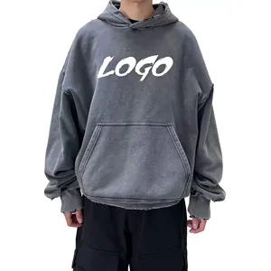 Vente en gros Sweat à capuche pour hommes Streetwear Oversize Uni Délavé Effet vieilli Coupe carrée Décontracté Style urbain Impression numérique personnalisée Délavage à l'acide - Product Image 1