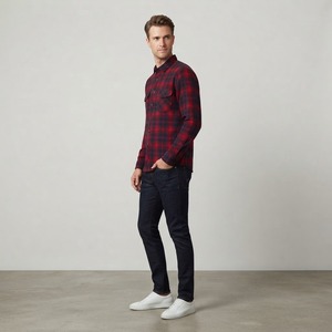 Camisa de Franela a Cuadros Roja para Hombre, Manga Larga, Cierre de Botones, Estilo Casual, Camisa de Algodón con Patrón a Cuadros para Otoño - Product Image 6
