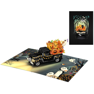 Carte pop-up 3D d'Halloween en gros, motif citrouille, camion, fantômes, dessin animé, forme rectangulaire, décoration de vœux origami faite à la main sur mesure - Product Image 1