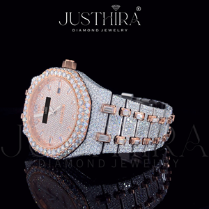 Reloj de Lujo con Incrustaciones de Moissanita, Tono Oro Rosa y Plata, Esfera Completamente Pavimentada, Estilo Hip Hop, Reloj de Pulsera Unisex - Product Image 3