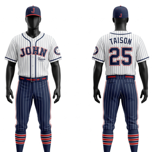 Uniforme de Béisbol Premium de 280 GSM en Poliéster y Spandex con Rayas, Blanco, Azul Marino y Rojo, Bordado Tackle Twill, Sublimación, Logotipo Personalizado - Product Image 1