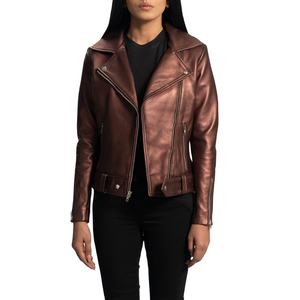 Chaqueta de Motociclista de Cuero Marrón para Mujer, Cuello Alto, Cierre de Cremallera, Manga Larga - Product Image 4