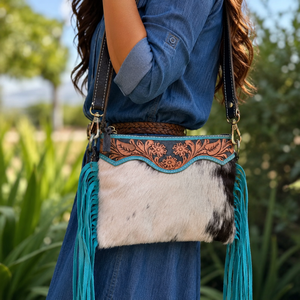 Sac à main en cuir sculpté à la main, nouvelle arrivée, avec franges, élégant, en cuir de vachette, couleur turquoise, sacs multi-usages pour femmes - Product Image 2