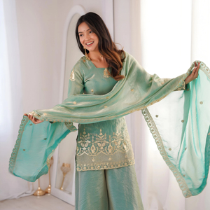 Designer Embroidery Sequence Work Fandy Silk Fully Stitched <b>Top</b> With Sharara Plazzo And Dupatta Ready To Wear - Product Image 1