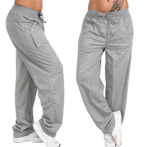 High Waist Loose Fit Harem Pants With Button Detail Drawstring Closure Full Length Solid Color Casual Women's Knitted Pants - Product Image 2
