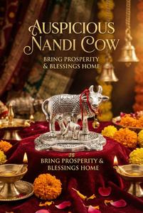 Artículos decorativos y de regalo: Pequeña vaca Kamdhenu con ternero, en plata pulida, para decoración del hogar, oficina y como recuerdo de boda. - Product Image 2