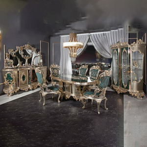 Luxury Classic Furniture Dining Table Set Mahogany Wood <b>Silver</b> Gold Finish Upholstered <b>Chairs</b> 6-Seater for Villa Resort - Product Image 2