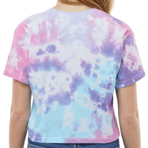 Women <b>Tie</b> <b>Dye</b> Crop T-<b>Shirt</b> Short Sleeve Crew Neck Loose Fit Casual Summer Style Breathable 100% Cotton Jersey Knitted Top - Product Image 2