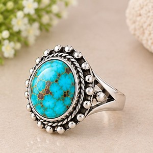 Anillo de Plata de Ley 925 con Turquesa Mohave, Anillo con Gema Azul, Anillo Redondo de Turquesa, Joyería Boho Occidental - Product Image 2