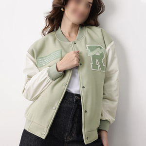 New Arrival Green White Full Sleeve Crew Neck Button Closure Letter R <b>Patch</b> Design Autumn Regular Length Women Varsity <b>Jackets</b> - Product Image 1