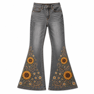 Jean évasé taille haute pour femme, motif floral, denim vintage foncé, style streetwear décontracté, respirant, OEM ODM - Product Image 1
