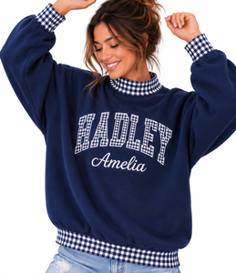 Sweat-shirt personnalisé pour femme à col montant, avec appliqué lettres, patchwork à carreaux, color block, coupe oversize, style vintage, vente en gros - Product Image 4