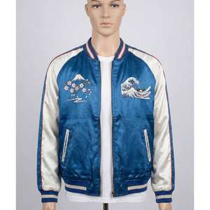 Chaqueta Varsity Sukajan Azul Satinado, Estilo Japonés, Bordado Vintage, Parches de Lona, Ropa Urbana, Monte Fuji, Gran Ola, Ukiyo-e - Product Image 4