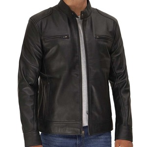 Fashionable Trend High-quality Slim-fit <b>Zip</b> <b>up</b> 100% Leather <b>Jacket</b> Attractive Black Ivory Full-grain Leather <b>Jacket</b> for Men - Product Image 5