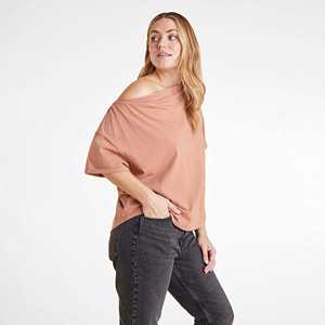 Camiseta de Moda al por Mayor para Mujer, Casual, con Hombros Descubiertos, Manga Corta, Color Sólido, Ecológica, con Bordado, Lisa - Product Image 2