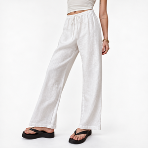 High Quality Cotton <b>Linen</b> Drawstring Waist Wide Leg Pants Low Moq Customized Color Pattern Design - Product Image 4