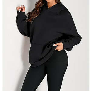 Sudadera con capucha negra extragrande para mujer con bolsillo tipo canguro - Product Image 2