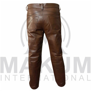 Pantalon en cuir marron pour homme, sur mesure, taille haute, coupe droite, fermeture boutonnée, style motard - Product Image 5