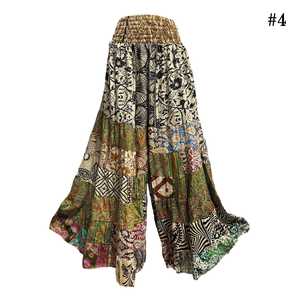 Pantalon palazzo taille haute en patchwork de soie fait main, à volants superposés, coupe large, style hippie, pour festival, avec cordon de serrage, été - Product Image 4