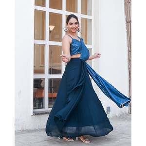 Lehenga Choli Bleu Monsoon XS avec Dupatta Pré-Cousu en Georgette pour Mariages Inde Pakistan - Product Image 4