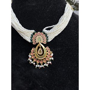 สร้อยคอจี้ทองเหลืองชุบทองแบบอินเดีย ประดับมุกคุณภาพสูงที่สร้างขึ้นในห้องปฏิบัติการ พร้อมสายสร้อยลูกปัด สำหรับผู้หญิง เครื่องประดับสไตล์ชาติพันธุ์ ส่งออก - Product Image 4