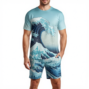 GENERSA SPORTS เสื้อเชิ้ตแขนสั้นคอกลมสีดำสำหรับผู้ชาย กางเกงขาสั้นเอวยางยืด ผ้าลูกฟูก ไม่ยืด ชุดลำลองสำหรับฤดูร้อน สีพื้น - Product Image 6