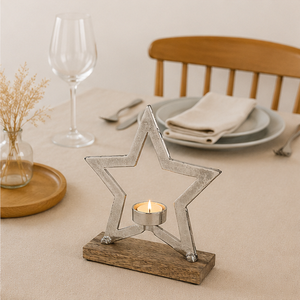 Handcrafted Metal Star <b>Tea</b> <b>Light</b> Candle Holder With Solid Mango Wood Base Modern Rustic <b>Christmas</b> Tabletop Decoration & Home - Product Image 2