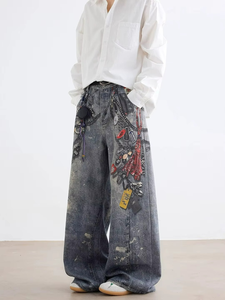Jeans de mezclilla con estampado 3D de High Street, de pierna ancha y corte recto, estilo vintage, para hombre - Product Image 4