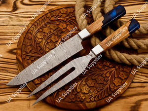 Ensemble de 2 couteaux de chef et fourchettes à découper en acier Damas, très demandés, pour barbecue professionnel, couteau à brisket et fourchette ultra-affûtés 58 HRC OEM/OBM - Product Image 3