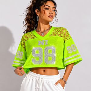 Custom Sparkling <b>Rhinestone</b> <b>Mesh</b> Crop Jersey Women Oversized Varsity Football Streetwear Fashion Shirt - Product Image 1