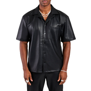 <b>Men</b>’s Black Leather Look Short Sleeve Streetwear Fashion Button Up Summer Outfit - Product Image 1