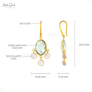 Listo para enviar: Pendientes colgantes de plata de ley 925 con doble gema de amatista verde natural y cuarzo rosa, joyería de moda, venta al por mayor - Product Image 2