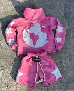 ROGELS Ensemble de survêtement rose à capuche pour femme, sweat-shirt et short streetwear avec appliques étoiles, manches longues, fermeture éclair sur le devant - Product Image 3