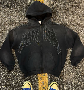 เสื้อฮู้ดซิปโอเวอร์ไซส์ผ้าฝ้ายปักลายสไตล์วินเทจสำหรับผู้ชาย รุ่นครอปประดับคริสตัล สตรีทแวร์ - Product Image 1