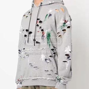 เสื้อฮู้ดแขนยาวแฟชั่นผ้าคอตตอนผสมสไตล์ดิสเทรส พิมพ์โลโก้ตามสั่ง สีพื้น สำหรับผู้ชาย - Product Image 3