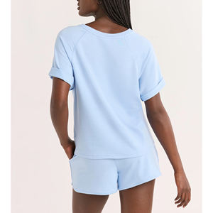 Ensemble short deux pièces d'été pour femme en toile unie 100 % coton avec crop top à manches courtes et col rond - Product Image 4