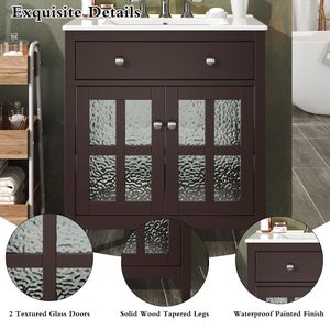 Mobile da Bagno da 30 Pollici con Gambe in Legno Massello e Lavabo in Ceramica, Dotato di Ripiano Regolabile e Vassoio Estraibile - Product Image 4