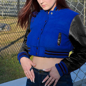 Veste courte universitaire pour femme, bleu roi, style Letterman, avec manches en similicuir, manteau bomber décontracté, mode féminine - Product Image 3