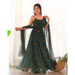 Aayna Ropa CHIFFON COLOR VERDE BANDHEJ ANARKALI TRAJE SET XS - Product Image 6