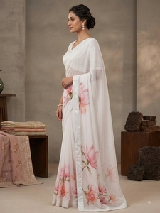 Devi Fashions – Saree élégant blanc à imprimé floral en soie, imprimé numérique, pour femme, style Inde Pakistan, longueur ras du sol, coupe classique, idéal pour les mariages - Product Image 1