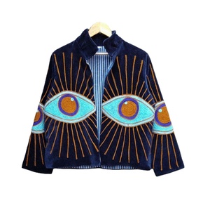Veste en velours bleu brodée Suzani, veste brodée à la main, manteau artisanal ethnique, vêtements d'extérieur, vestes de demoiselle d'honneur - Product Image 2