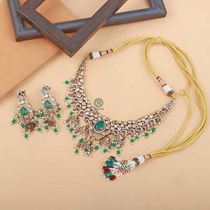 Antique Gold Plated Pearl Polki Designer <b>Bridal</b> <b>Necklace</b> <b>Set</b> with <b>Earrings</b> - Product Image 5
